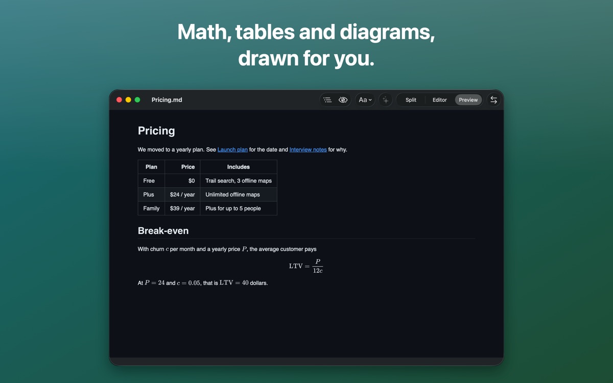 A rendered note with a pricing table and a MathJax formula