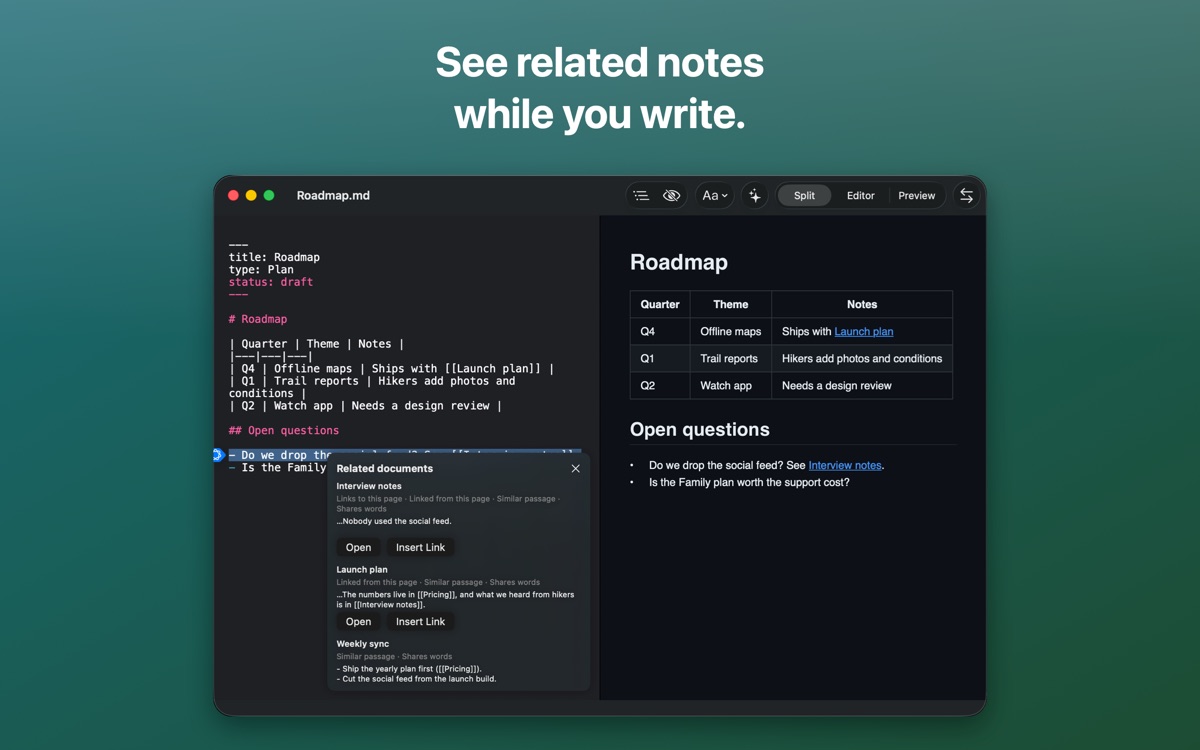 A Related documents card open beside a note, listing notes that link to it and passages that are similar